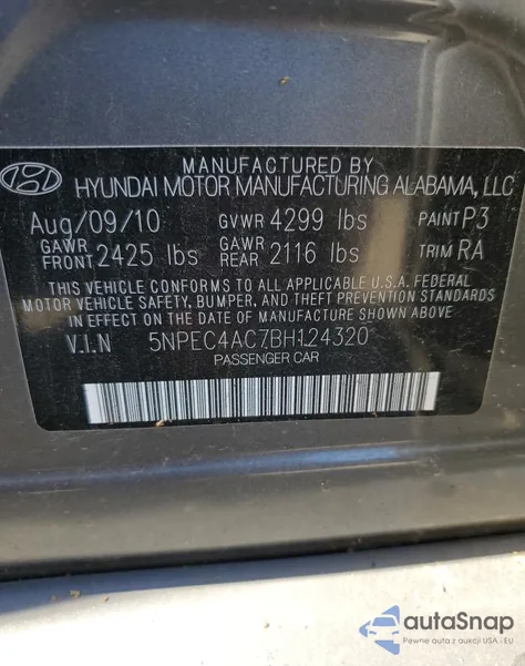 2011 Hyundai Sonata Se из США, поврежденный, VIN 5NPEC4AC7BH124320
